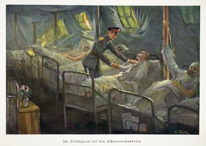 William, kronprins av Tyskland, besöker sårade soldater på ett fältsjukhus, pub. c1917 (färglitografi) av William Friedrich Georg Pape